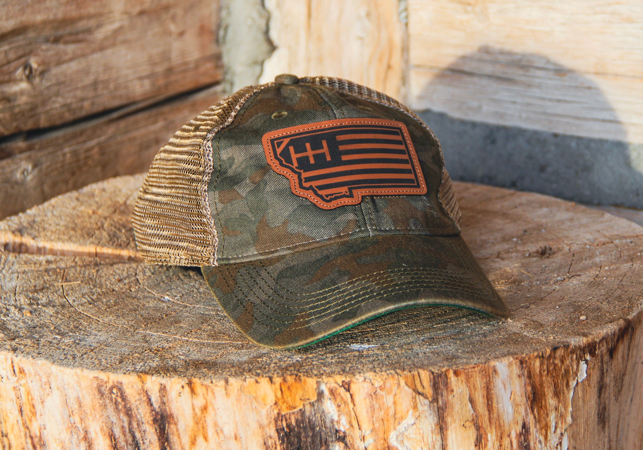 Field Camo Montana Leather Flag Trucker Hat